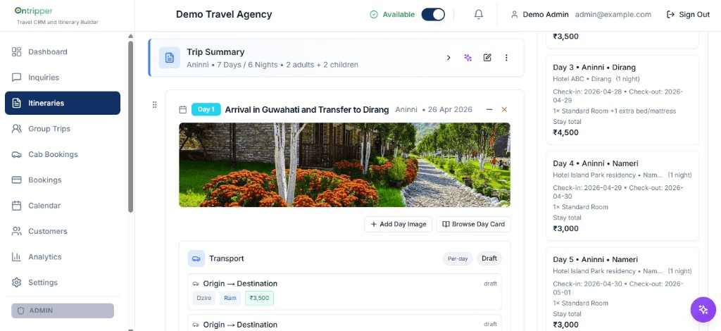 Itinerary builder — drag-and-drop days, sections, and live preview